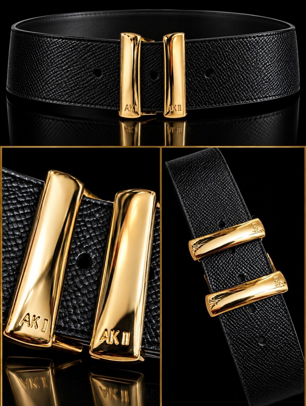 Vintage 80s ANNE KLEIN II for OROTON Black Leather Belt Gold AK II Buckle S